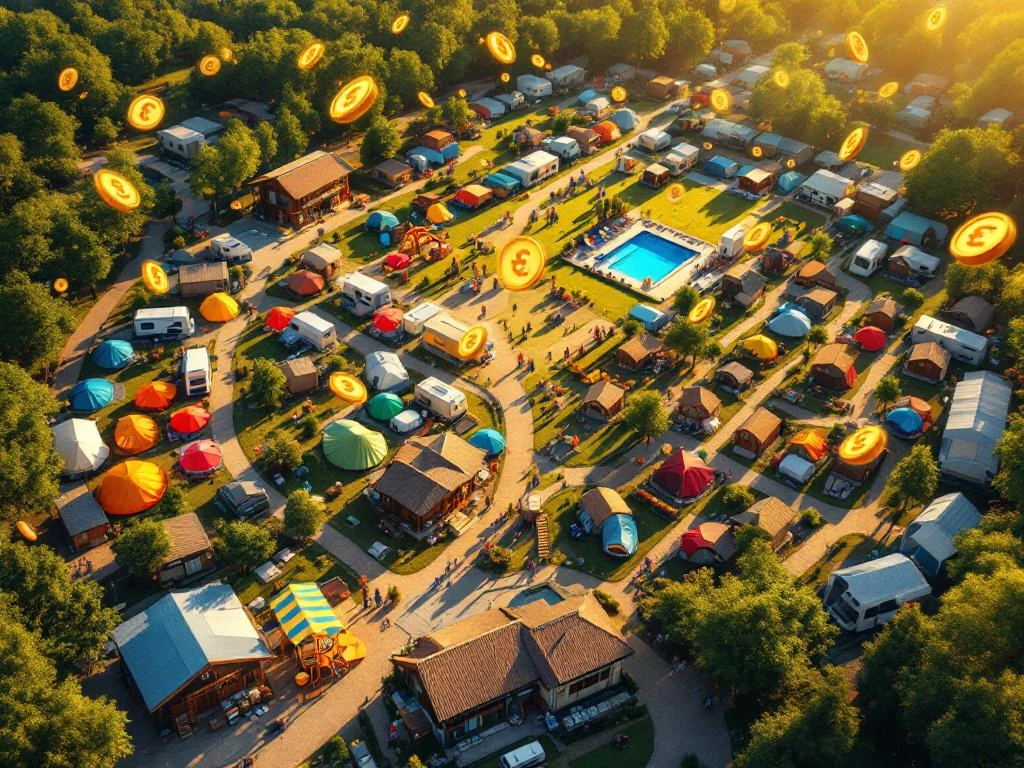 Luchtfoto van drukke camping met kleurrijke tenten, stacaravans en hutten, zwembad en speeltuin bij gouden uurtje