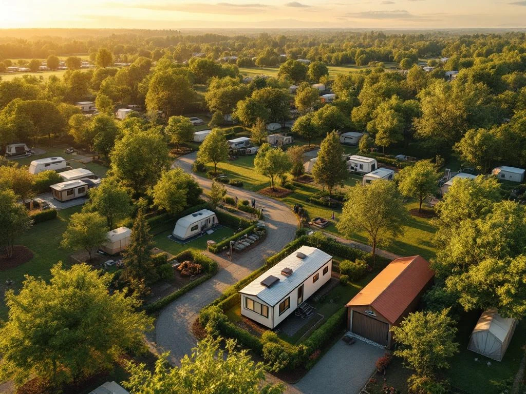 Luchtfoto van moderne camping met stacaravan, groene bomen, verharde paden en recreatieve kavels in gouden uurtje