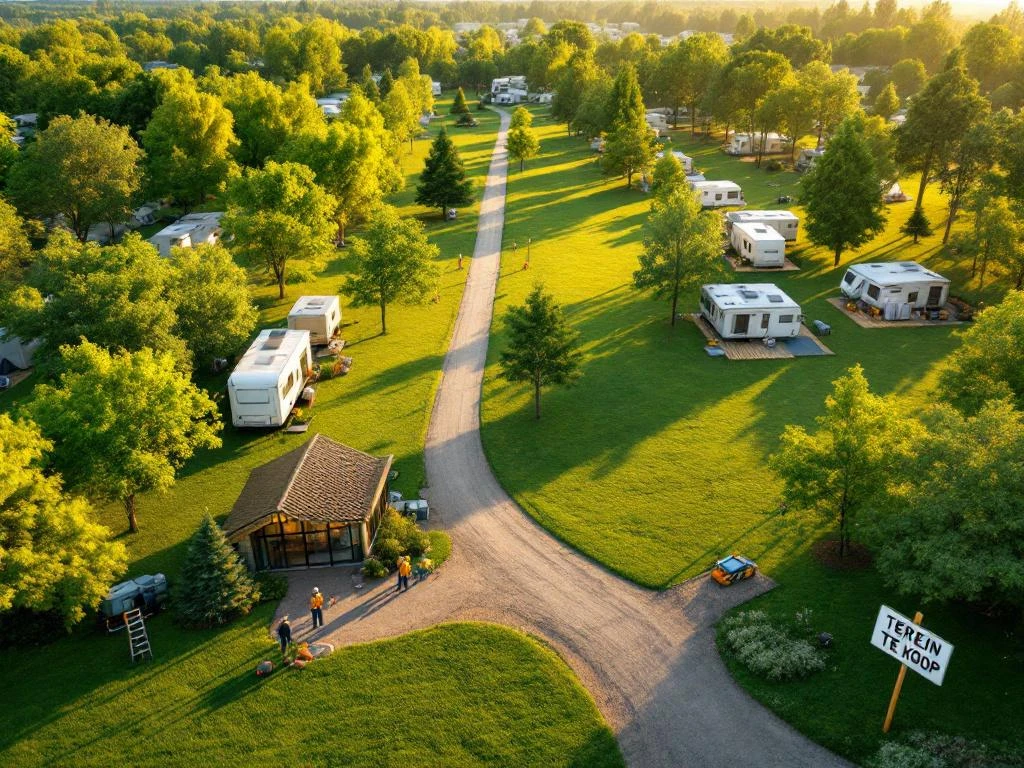 Camping terrein te koop met RV plaatsen, tentgebieden en receptiegebouw tussen groene bomen, gouden uurtje verlichting