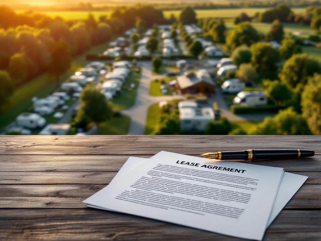 Luchtfoto van moderne camping met RV-plekken en tentgebieden, met huurcontract en documenten op houten bureau