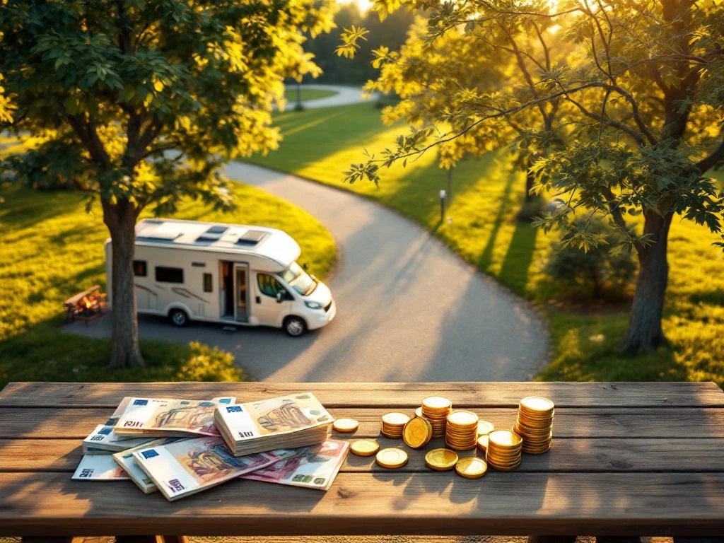 Luxe camperplaats met moderne motorhome, premium voorzieningen en geld op picknicktafel symboliseert huurinkomsten