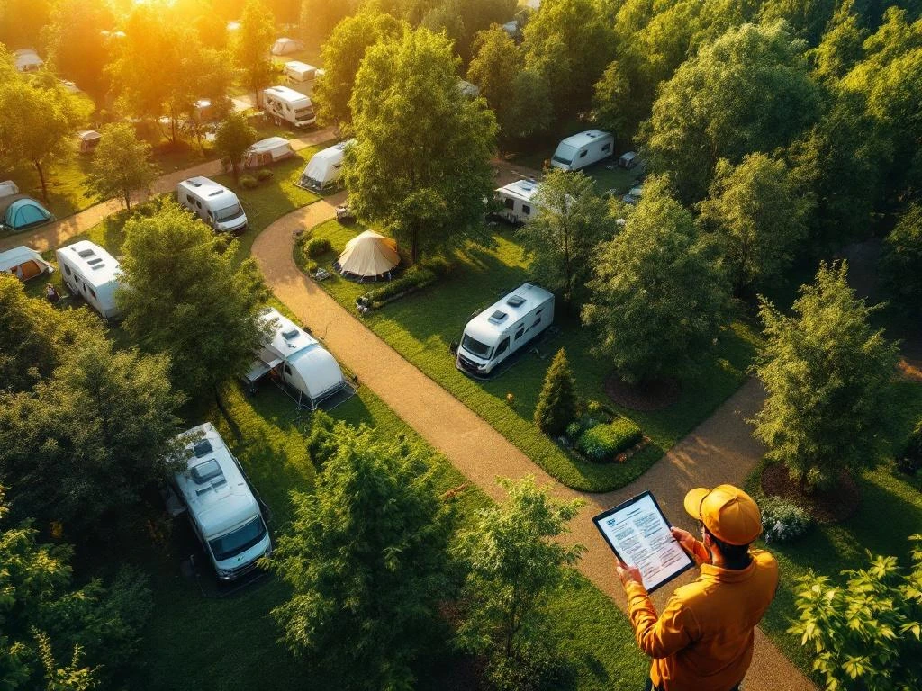 Professionele inspecteur evalueert moderne camping met RV's en tenten tussen groene bomen tijdens gouden uur