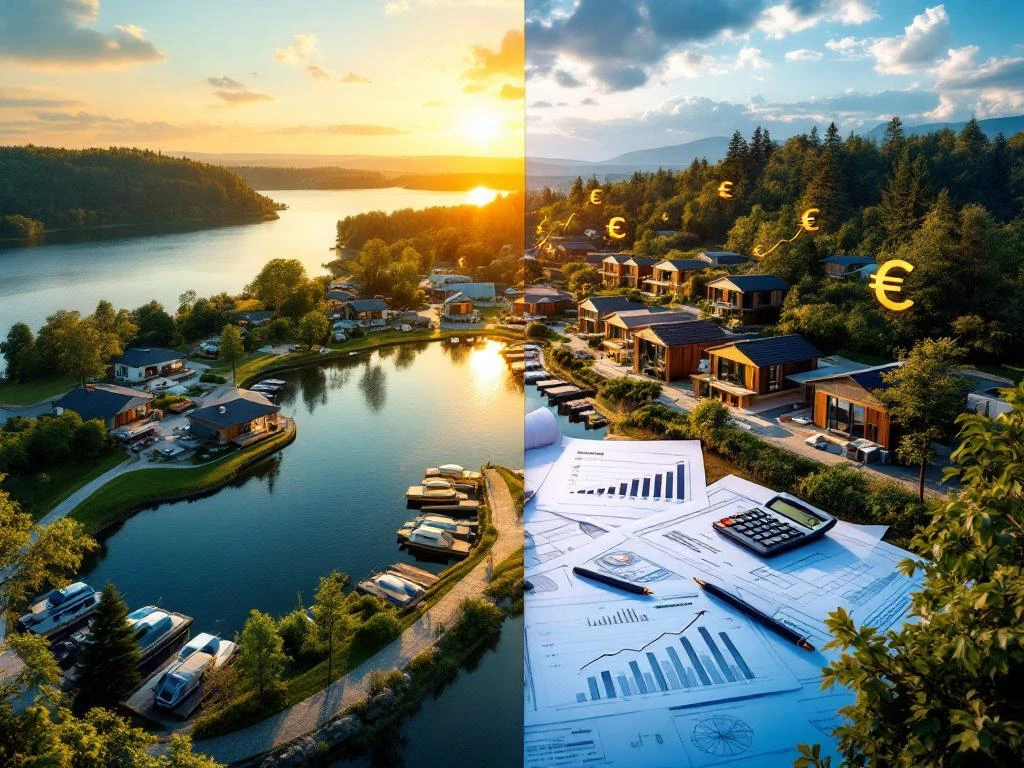 Recreatiepark waardering: links zonnig kampeerresort met huisjes en jachthaven, rechts blauwdrukken en financiële documenten