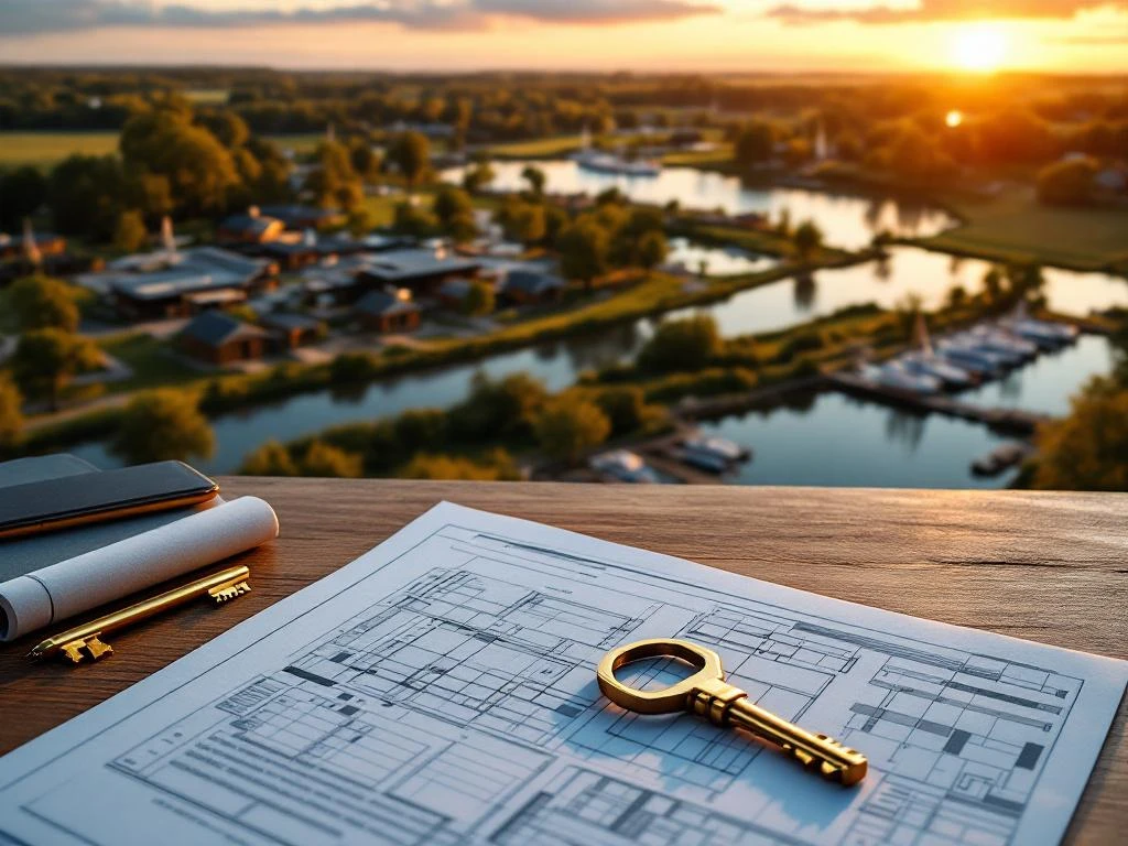 Luchtfoto van recreatiepark met houten huisjes en jachthaven, met documenten en sleutel op bureau tijdens zonsondergang