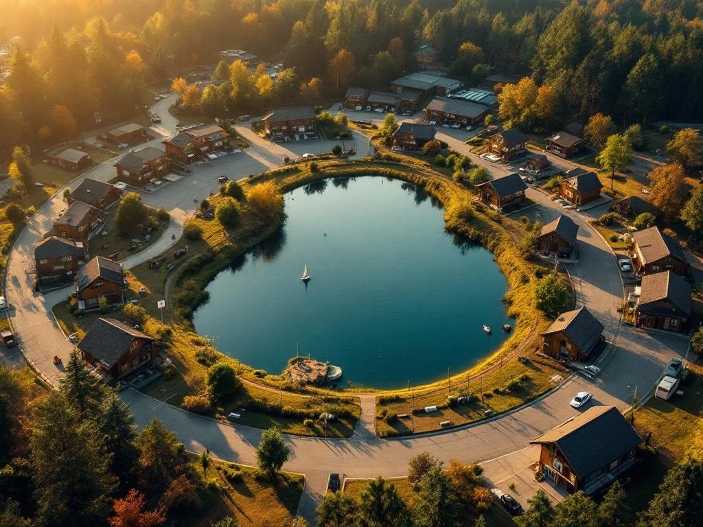 Luchtfoto van vakantiepark met houten chalets rond meer, onderhoudsachterstand en Te Koop-bord zichtbaar