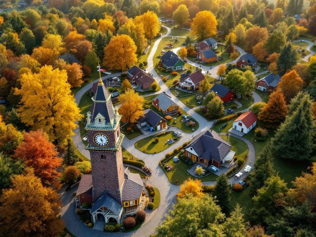 Luchtfoto van Nederlandse vakantiepark met kleurrijke chalets tussen bomen en prominente VERKOCHT-bord bij klokkentoren