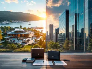 Gesplitst vastgoedbeeld: moderne recreatieve accommodatie aan meer links, stedelijk kantoorgebouw rechts met documenten