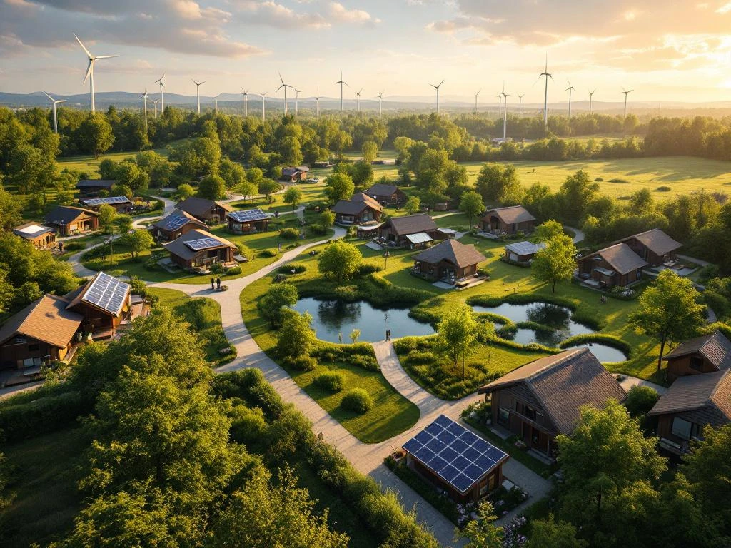 Luchtfoto van duurzaam recreatiepark met zonnepanelen, windmolens, elektrische laadstations en groene ruimtes