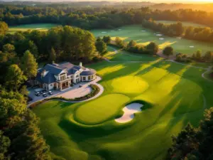 Luchtfoto van luxe golfbaan met clubhuis tijdens gouden uur, inclusief calculator voor vastgoedwaardering