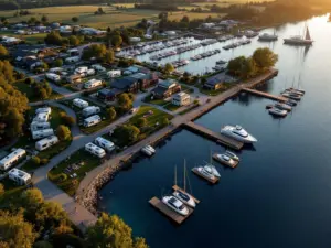 Luchtfoto van moderne camping en jachthaven met caravans, boten en recreatiefaciliteiten tijdens gouden uurtje