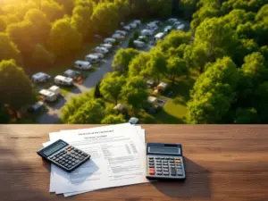 Luchtfoto van goed onderhouden camping met RV-plaatsen en tentgebieden, calculator en documenten op bureau voorgrond