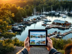 Luxe recreatiepark aan meer met moderne campers, houten hutten en jachthaven, handen tonen vastgoeddocumenten