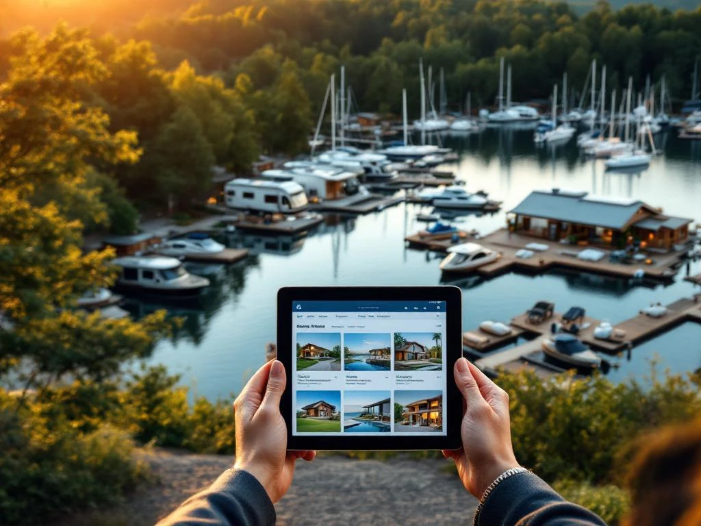 Luxe recreatiepark aan meer met moderne campers, houten hutten en jachthaven, handen tonen vastgoeddocumenten