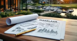 Architecturale tekeningen en documenten op bureau met MAKELAAR kantoorgebouw en recreatieve accommodaties op achtergrond