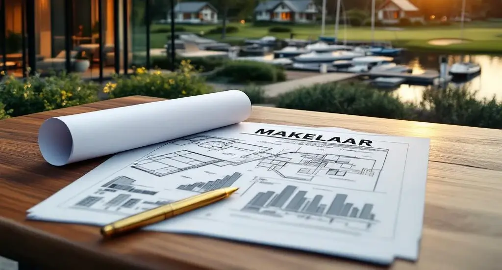 Architecturale tekeningen en documenten op bureau met MAKELAAR kantoorgebouw en recreatieve accommodaties op achtergrond