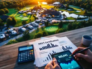 Luchtfoto van recreatieresort met camping, jachthaven en golfbaan met financiële documenten en NRVT-certificering