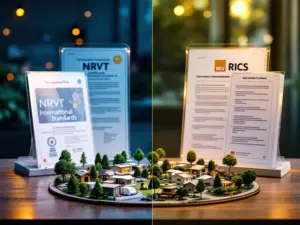 Recreatiepark maquette met NRVT certificeringsdocumenten en RICS internationale standaarden voor parkevaluatie
