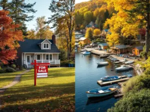 Vastgoed vergelijking: traditioneel huis met te koop bord versus levendige recreatieve accommodatie aan meer met boten