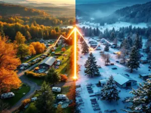 Recreatiepark in zomer en winter gesplitst met stijgende grafiek die seizoensgebonden bezettingsverschillen toont