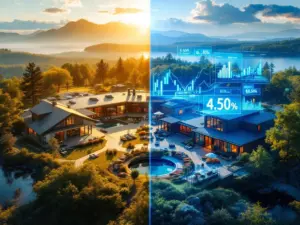 Split-screen weergave van luxe kampeerresort bij meer (marktwaarde) en dezelfde locatie met financiële grafieken (operationele waarde)