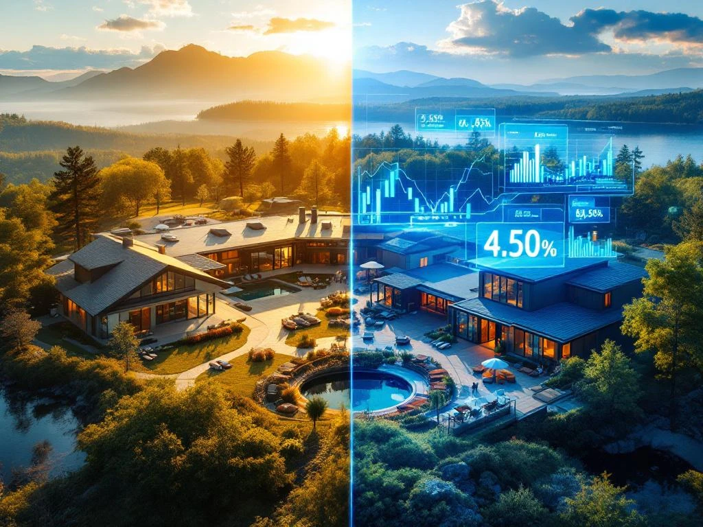 Split-screen weergave van luxe kampeerresort bij meer (marktwaarde) en dezelfde locatie met financiële grafieken (operationele waarde)